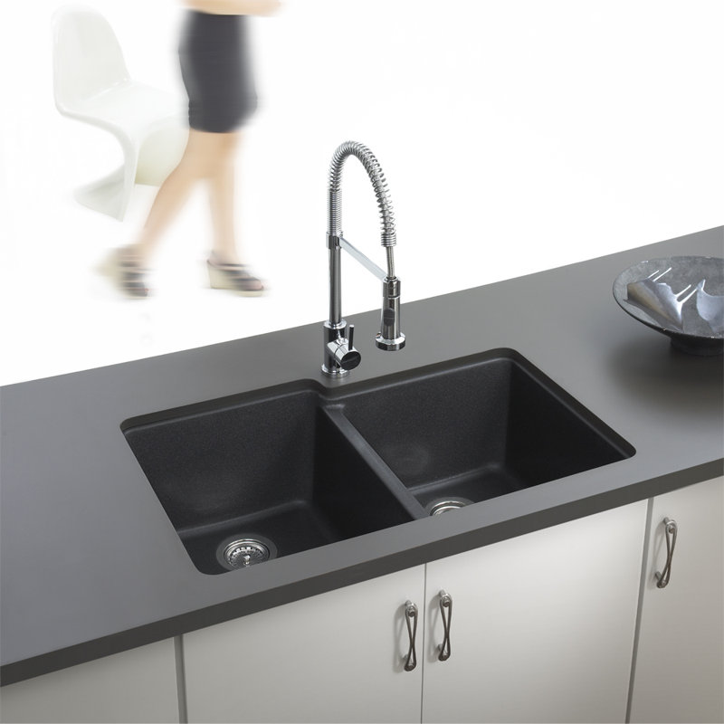 Houzer Quartztone 20.5'' W Double Bowl Granite Undermount Kitchen Sink